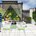 Modern Courtyard Garden With Outdoor Furniture Pergola Living Plant Wall And Stone Patio