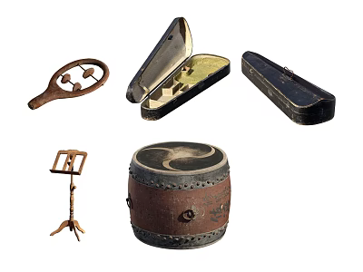 Vintage Household Items Including Spinning Wheel Metal Box Candle Holder Long Case And Wooden Barrel 3d model