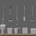 Wall Mounted Cleaning Tools And White Sanitary Wares Display On Gray Wall