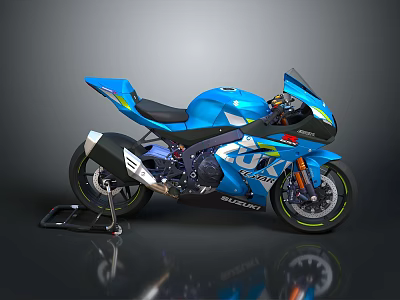 Blue Sport Motorcycle With Streamlined Design Black Seat And Green Rims 3d model