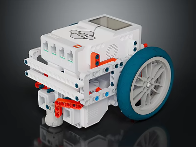 White Mechanical Robot With Blue Large Wheels Orange Red Details And Body Structure 3d model