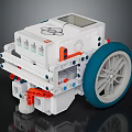 White Mechanical Robot With Blue Large Wheels Orange Red Details And Body Structure