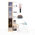 Modern Wooden Desk With Bookshelf Photo Books Red Flower Vase Laptop Backpack And Chairs