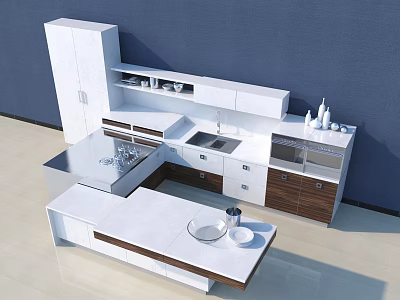 Modern Kitchen Interior With White Cabinets Island Counter And Sink 3d model