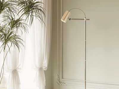 Arched Metal Floor Lamp With Cylindrical Shade In Room With Palm Plant And White Curtains 3d model
