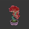Pink Flowering Bonsai Tree with Curved Trunk in Blue Pot on Gray Background