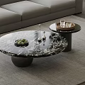 Modern Living Room Round Coffee Table With Marble Top Black Base And Small Side Table