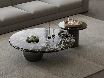 Modern Living Room Round Coffee Table With Marble Top Black Base And Small Side Table 3d model
