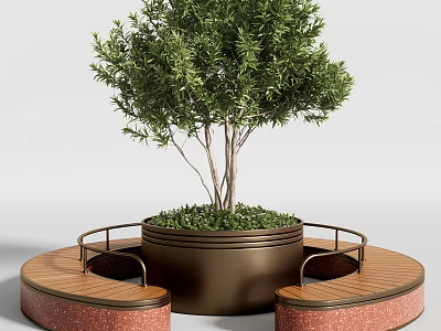 Outdoor Chair With Circular Wooden Platform Around Tree Planter And Railings 3d model