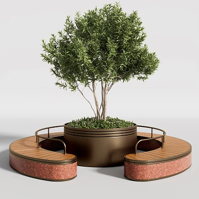 Outdoor Chair With Circular Wooden Platform Around Tree Planter And Railings 3d model