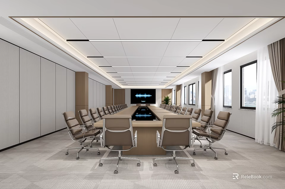 Modern Minimalist Conference Room Interior With Long Table Multiple Chairs Large Screen And Windows 3d model 