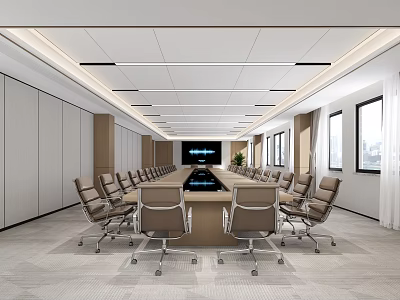 Modern Minimalist Conference Room Interior With Long Table Multiple Chairs Large Screen And Windows 3d model