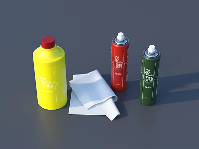 Essential Household Cleaning Supplies Yellow Red Green Spray Bottles With White Cloth 3d model