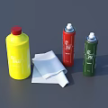 Essential Household Cleaning Supplies Yellow Red Green Spray Bottles With White Cloth