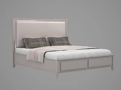 Modern Double Bed With Upholstered Headboard Plaid Pillows Light Gray Blanket And Drawer Frame 3d model