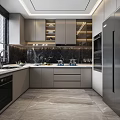 Modern Kitchen Interior With Marble Backsplash Gray Cabinets White Countertop And Dishwasher