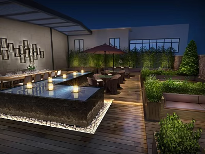 Evening Outdoor Restaurant With Wooden Deck Water Feature Lit Tables And Green Plants 3d model