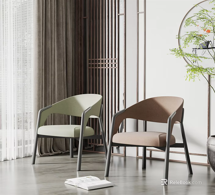 Modern Light Green and Brown Upholstered Dining Chairs with Curtains Screen and Plant 3d model 