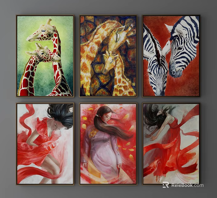 Colorful Animal Paintings With Giraffes And Zebras For Wall Art Decor 3d model 