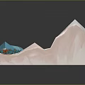 Cartoon Pop-up Book Scene with Mountains River Train Track and Trees