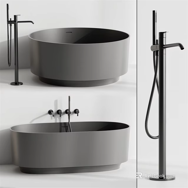 Modern Sleek Grey Freestanding Bathtub Design With Black Faucet And Shower Fixtures 3d model 