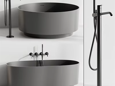 Modern Sleek Grey Freestanding Bathtub Design With Black Faucet And Shower Fixtures 3d model