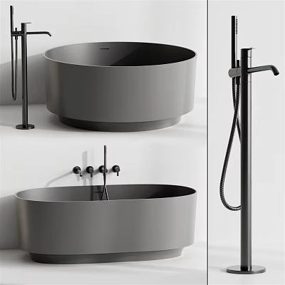 Modern Sleek Grey Freestanding Bathtub Design With Black Faucet And Shower Fixtures 3d model