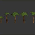 Five Different Sizes Green Palm Trees With Orange Trunks On Gray Background And Reflections