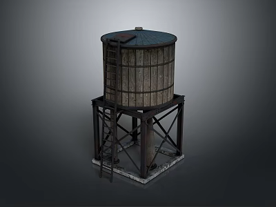 Traditional Round Water Tower Architecture With Metal Support Frame Roof And External Ladder Design 3d model
