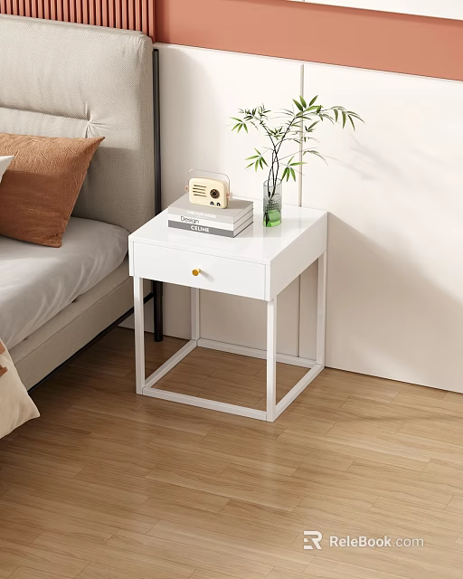 Modern White Nightstand With Radio Books And Green Plant By Bed 3d model 