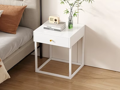 Modern White Nightstand With Radio Books And Green Plant By Bed 3d model