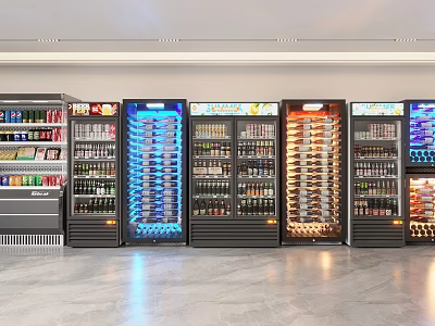 Commercial Refrigerators And Freezers With Colored Lighting Filled With Assorted Beverages For Retail 3d model
