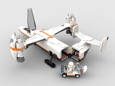 Building Block Interstellar Spaceship Model In White Orange With Wings Engine Small Vehicle And Minifigure 3d model