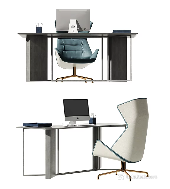 Modern Home Office Desk With Blue Accent Chair Computer And Stationery Items 3d model 