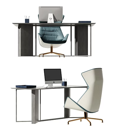 Modern Home Office Desk With Blue Accent Chair Computer And Stationery Items 3d model