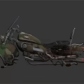 Camouflage Vintage Motorcycle With Windshield Black Seat And Metal Parts On Reflective Surface
