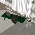 Green Ottoman Featuring Brown Bag Green Blanket White Curtains And Transparent Table With Glasses