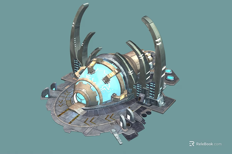 Futuristic Sci Fi Installation With Circular Metallic Structure Transparent Dome And Glowing Elements 3d model