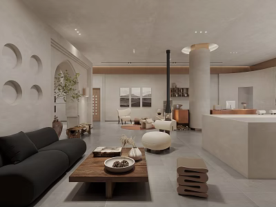 Modern Hotel Lobby Interior Design With Circular Decor Arch Details Black Sofa And White Column 3d model
