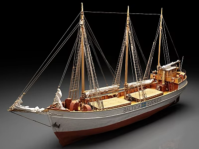 Wooden Ship Model With Detailed Masts Deck And White Brown Hull 3d model