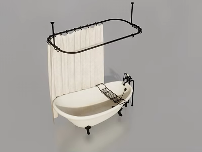 Classic White Bathtub With Black Metal Claw Feet And White Shower Curtain 3d model