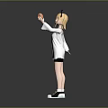 Kid in White Long Sleeve Shirt Black Shorts Holding Donut with Yellow Sneakers Standing Pose