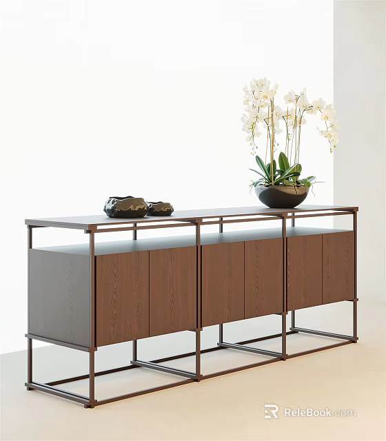Contemporary Entryway Sideboard With Wooden Cabinet And Metal Frame Featuring Potted White Flowers And Shoes 3d model 