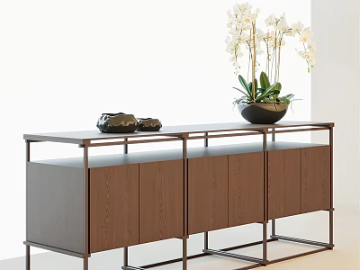 Contemporary Entryway Sideboard With Wooden Cabinet And Metal Frame Featuring Potted White Flowers And Shoes 3d model