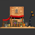 Cartoon Scene With Orange Building Red Awning Street Lamp Shelves Blackboard And Small Items