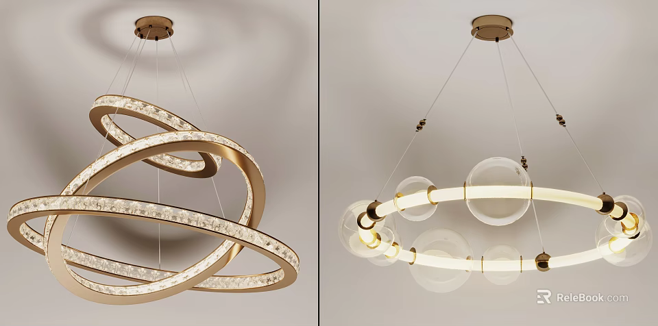 Modern Gold Chandelier with Intertwined Circular Rings and Transparent Glass Balls for Contemporary Interior Lighting 3d model 