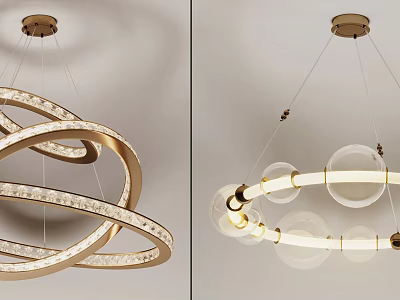 Modern Gold Chandelier with Intertwined Circular Rings and Transparent Glass Balls for Contemporary Interior Lighting 3d model