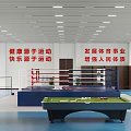 Indoor Sports Facility With Billiard Table Boxing Ring And Sports Slogans
