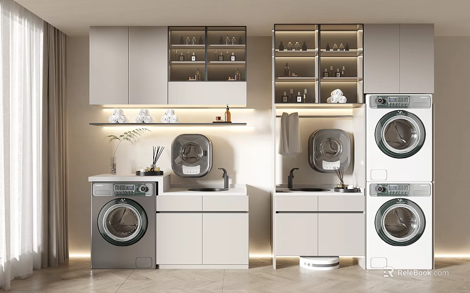 Modern Bathroom Cabinetry With Washing Machines Dryers Open Shelves And Towels 3d model 