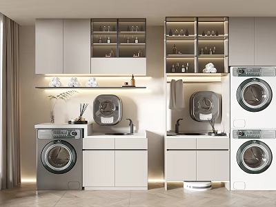 Modern Bathroom Cabinetry With Washing Machines Dryers Open Shelves And Towels 3d model